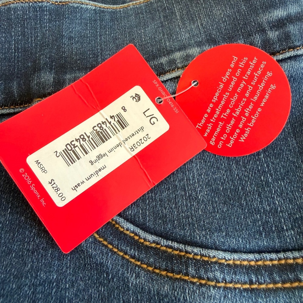 Spanx Distressed Denim Leggings Medium Wash Raw Hem 20203R Blue Large NWT - Picture 3 of 6